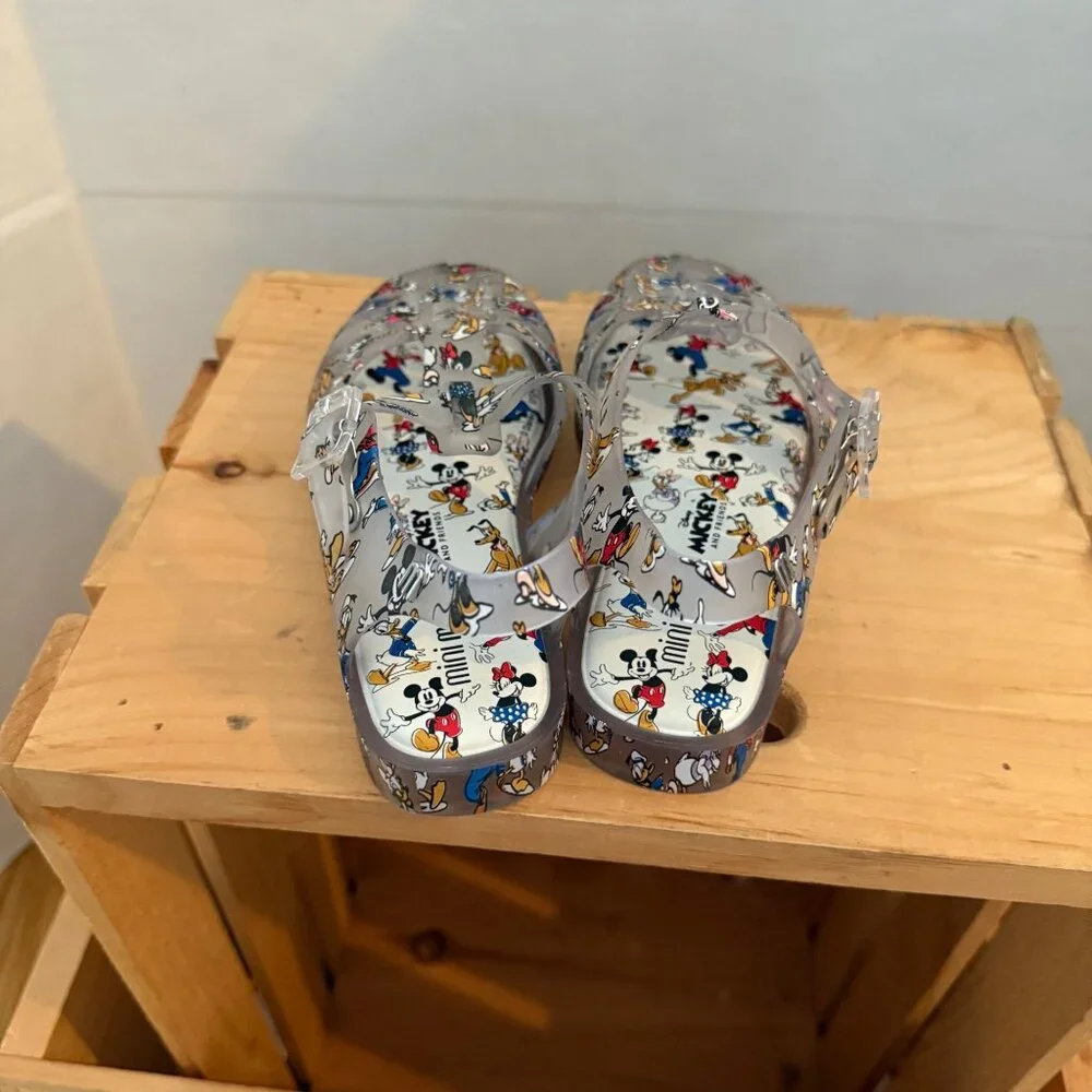 Disney x Mini Melissa Size 2 Gray Mickey & Friends Roman Fisherman Jelly Sandals